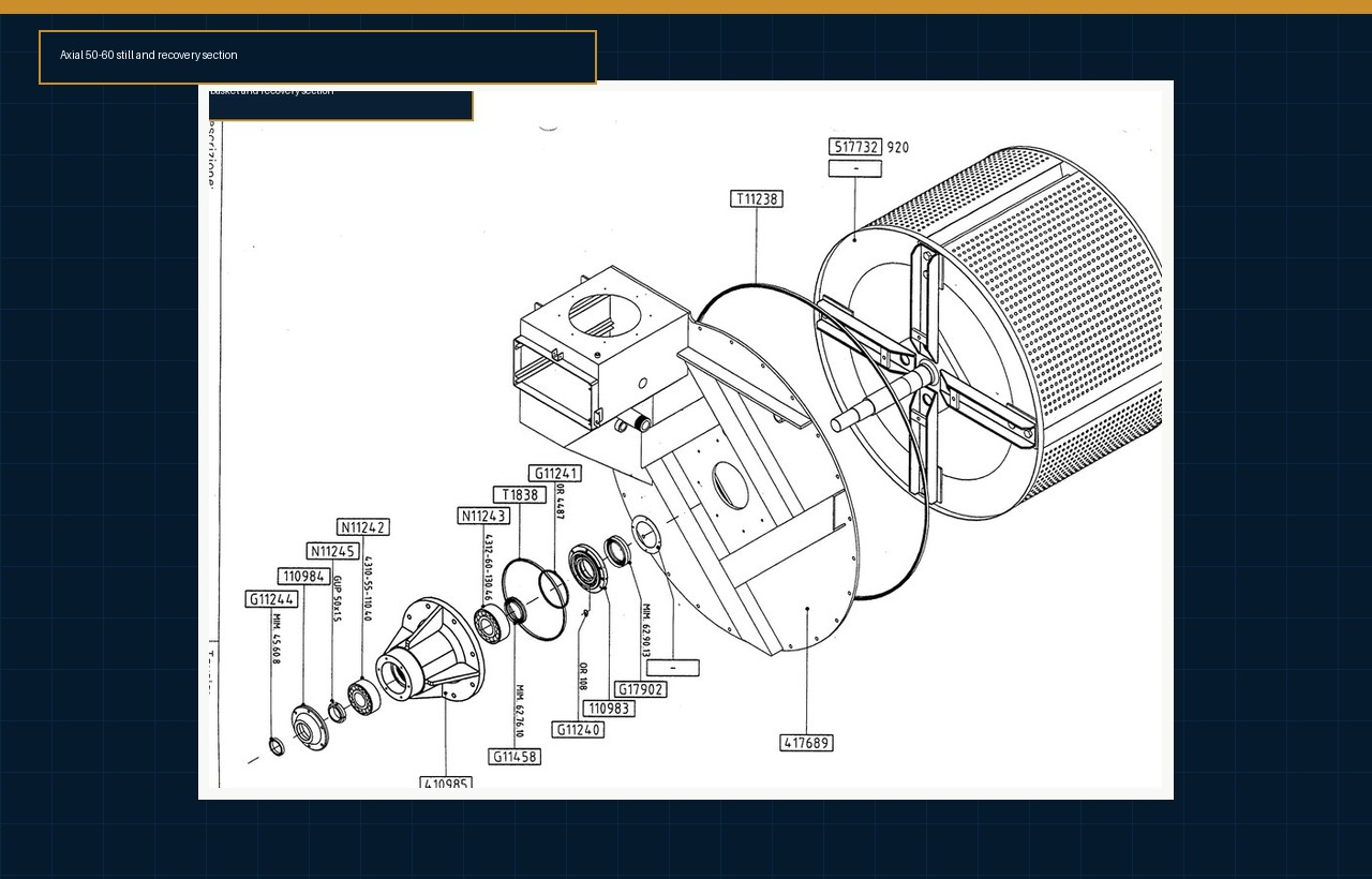 Axial 50-60 still and recovery section exploded parts diagram from Corbett Equipment historical archive