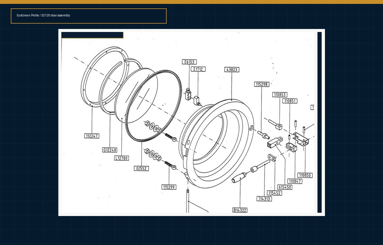 EcoGreen Petite S2120 door assembly exploded parts diagram from Corbett Equipment historical archive