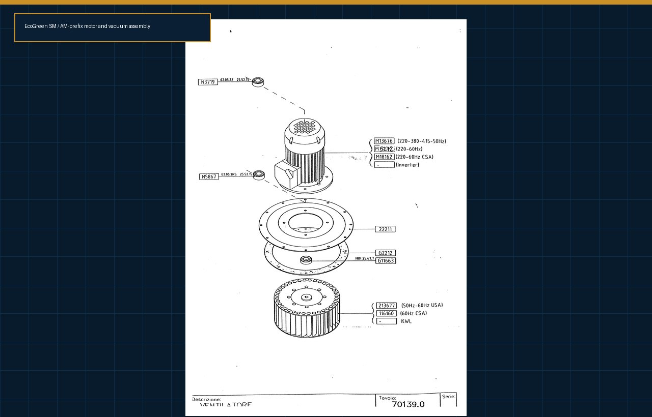 EcoGreen SM AM918 motor and vacuum assembly exploded parts diagram from Corbett Equipment historical archive