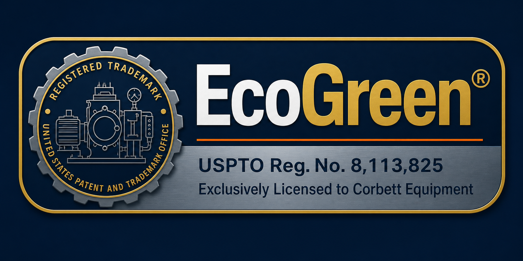 EcoGreen registered trademark badge for dry cleaning machine equipment, USPTO Registration No. 8,113,825, exclusively licensed to Corbett Equipment with FIRBIMATIC and FMB Group licensing notice